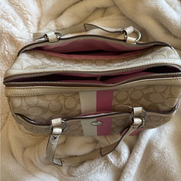 Coach Beige Canvas Satchel with Pink Accent Stripe and Tag - Picture 6 of 6